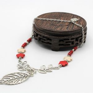 Colorful turquoise Y necklace, flowers motif